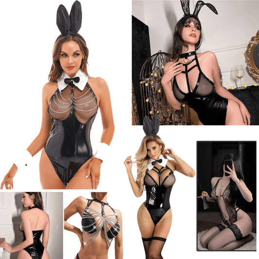 Womens Bunny Girl Club Lingerie Outfit Sexy Bodysuit PVC Leather Cosplay Costume