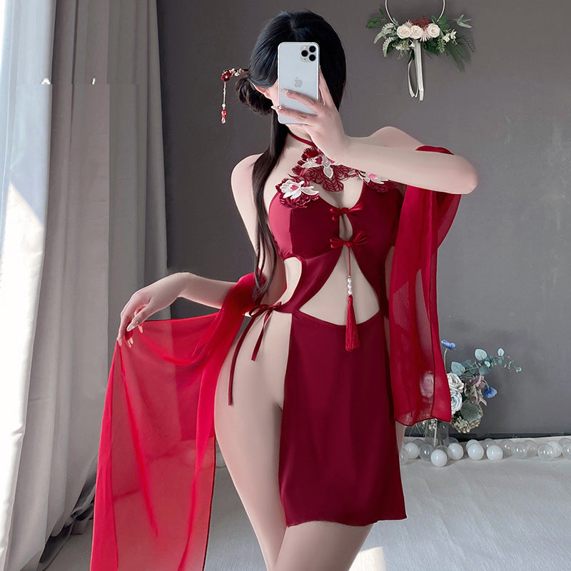 Chinese ancient style hanging neck lace-up sexy underwear embroidery pure desire hollow backless women's uniform suit