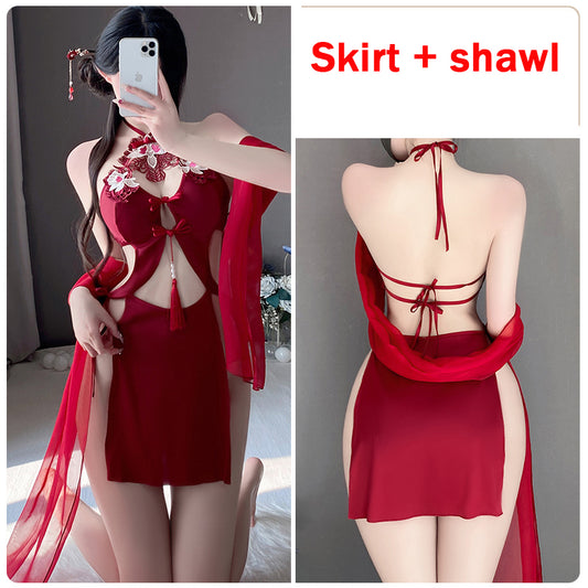 Chinese ancient style hanging neck lace-up sexy underwear embroidery pure desire hollow backless women's uniform suit