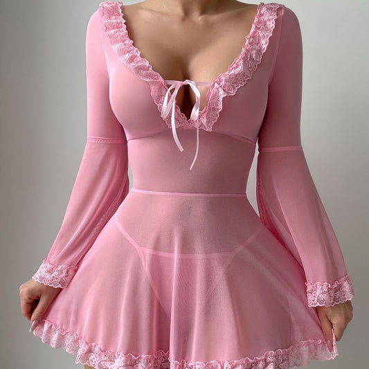 Womens Sexy See Through Lace Babydoll Mini Dress Sleepwear Lingerie Underwear