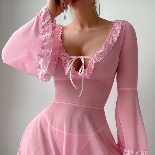 Womens Sexy See Through Lace Babydoll Mini Dress Sleepwear Lingerie Underwear