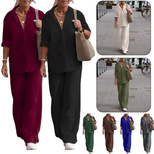 Women's Cotton Linen Polyester Suit Long Sleeve Shirt Loose Pants Set Casual