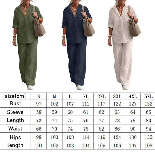 Women's Cotton Linen Polyester Suit Long Sleeve Shirt Loose Pants Set Casual