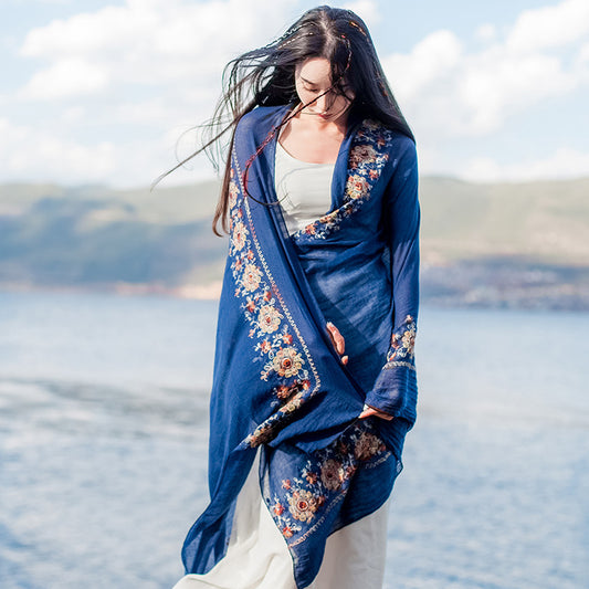 Flower embroidery Women Beach Scarf Cotton Linen Shawls and Wraps