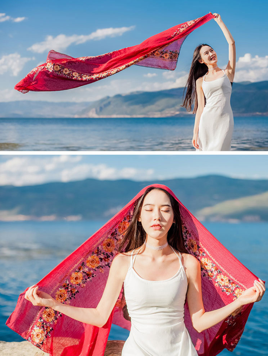 Flower embroidery Women Beach Scarf Cotton Linen Shawls and Wraps