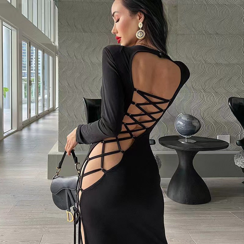 Sexy Long Sleeve Bandage Backless Dress Elegant Party Split Lace Up Dress