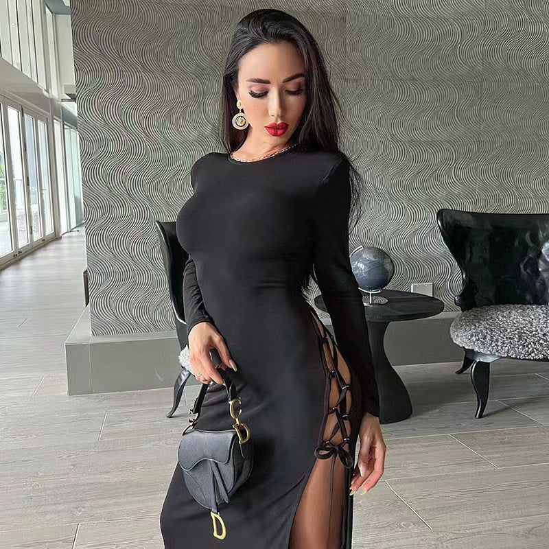 Sexy Long Sleeve Bandage Backless Dress Elegant Party Split Lace Up Dress