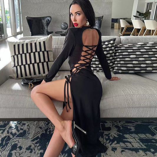 Sexy Long Sleeve Bandage Backless Dress Elegant Party Split Lace Up Dress