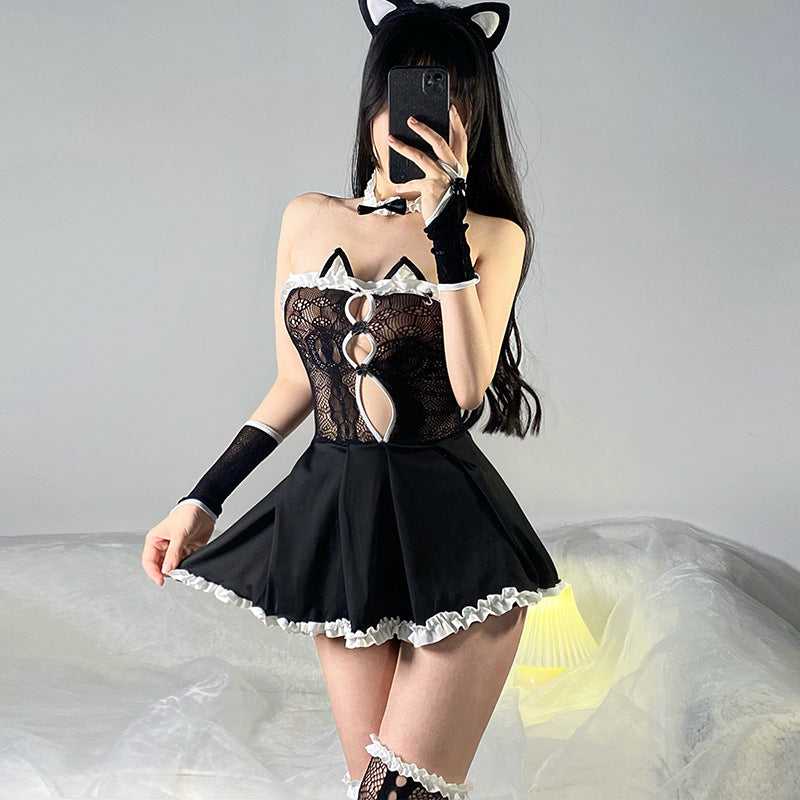 Sexy Lingerie Cat Girl Maid Cosplay Uniform Dress Socks Set Women's Nightwear