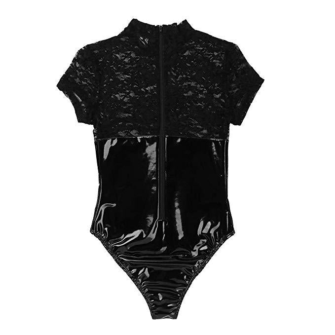 Women Babydoll Deep V Mesh PU Leather Bodysuit One Piece Lingerie Teddy Top Bulk sale