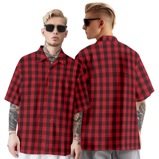Shirt Mens Red Plaid Loose Short Sleeve Stripe Button Down Gingham Shirts T-xu