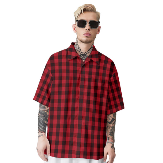 Shirt Mens Red Plaid Loose Short Sleeve Stripe Button Down Gingham Shirts T-xu