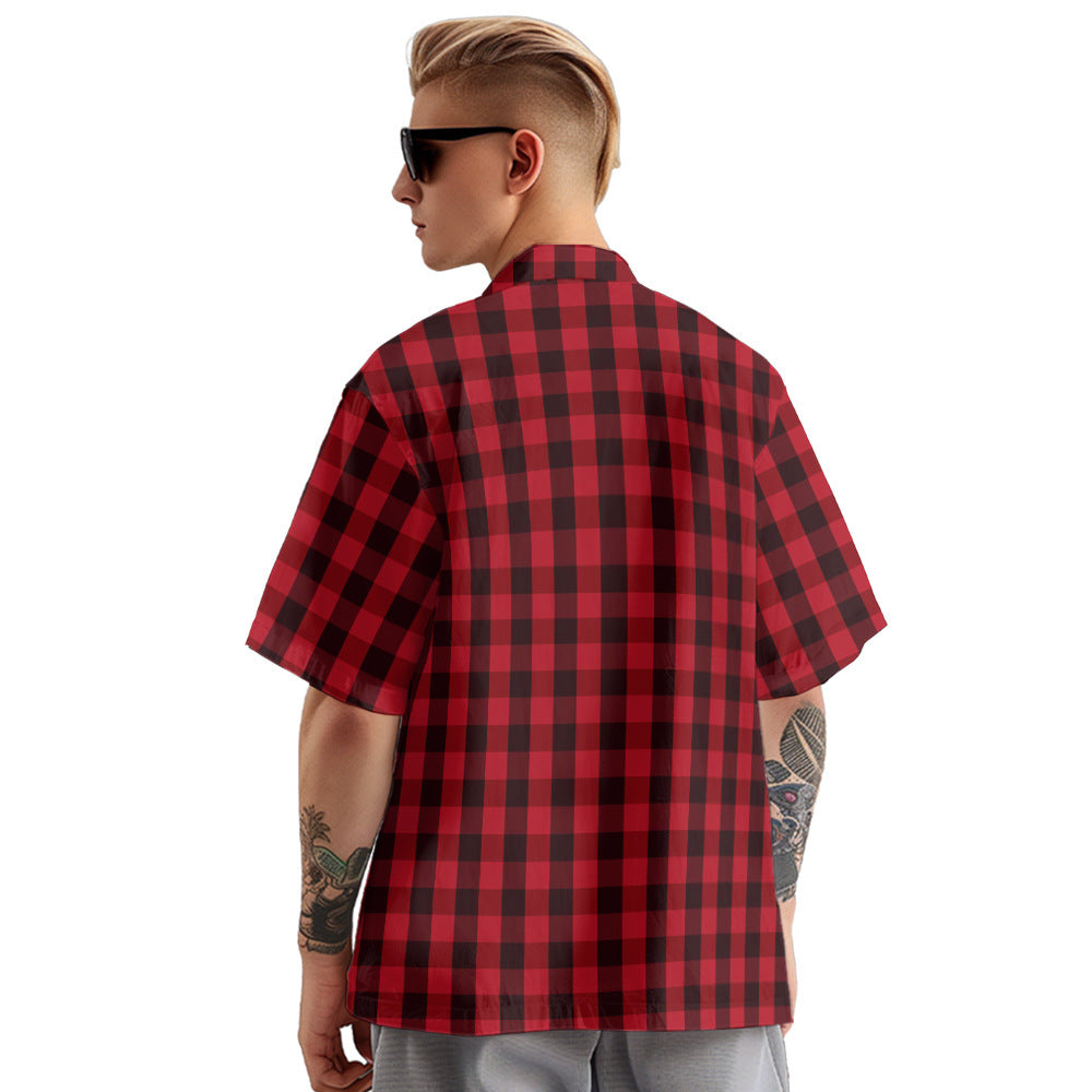 Shirt Mens Red Plaid Loose Short Sleeve Stripe Button Down Gingham Shirts T-xu