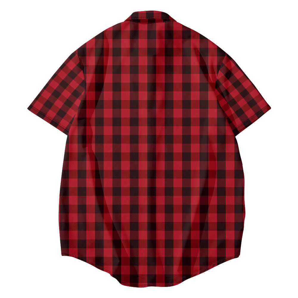 Shirt Mens Red Plaid Loose Short Sleeve Stripe Button Down Gingham Shirts T-xu