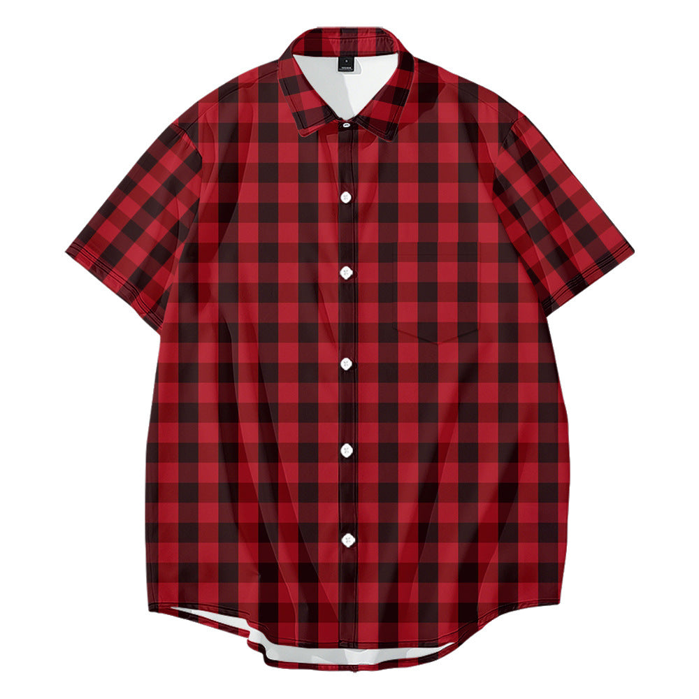 Shirt Mens Red Plaid Loose Short Sleeve Stripe Button Down Gingham Shirts T-xu