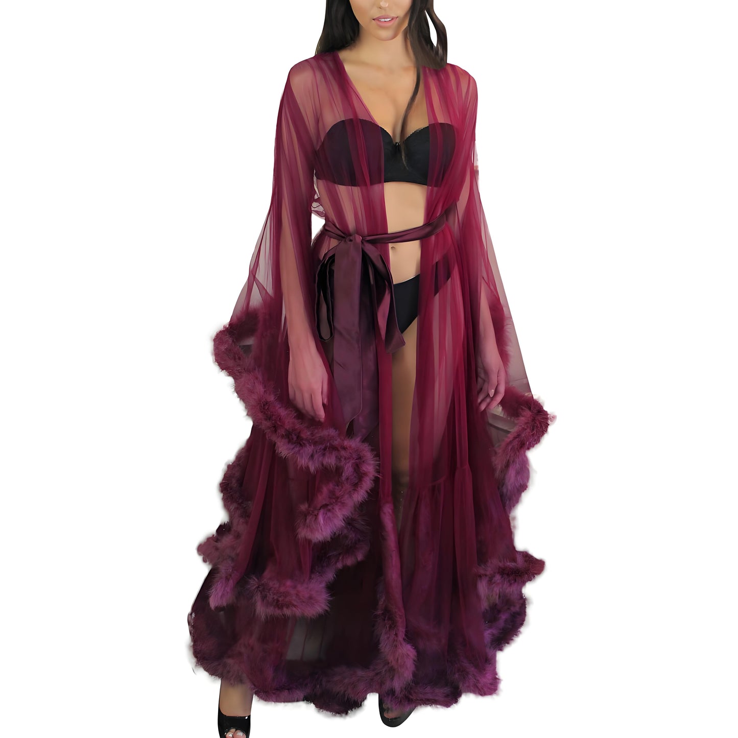 Sexy Women's Mesh Feather Sleepwear Night Gown Long Babydoll Dress Nightie Robe