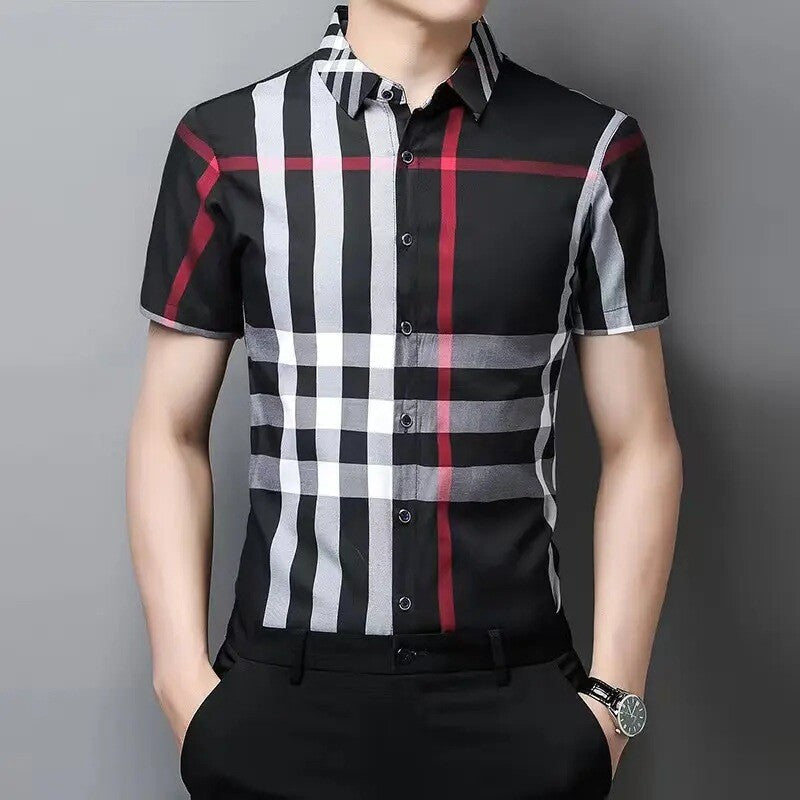 Men's Plaid Shirt Short Sleeve Engineered Stripe Button Down Gingham Shirts T-xu