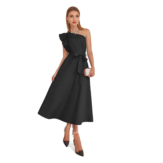 One Shoulder Ruffle Mini Dress Black Long skirt dress, wooden ear belt dress, bridesmaid toast dress With 999 sterling silver earrings and necklace