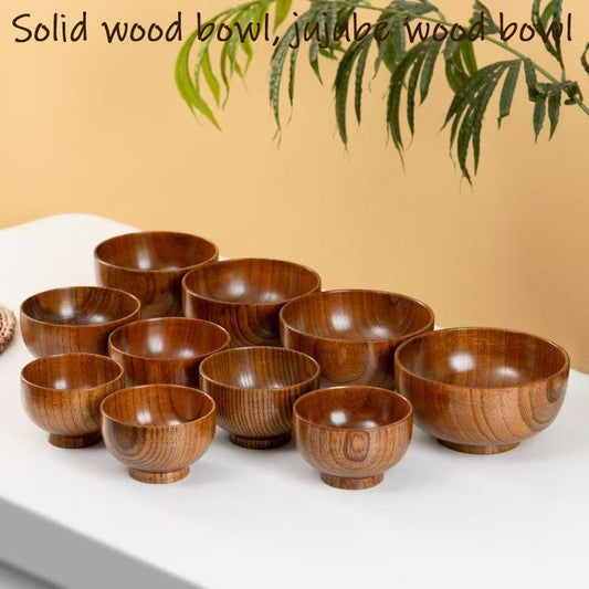 Environmentally friendly tableware, jujube wood wooden bowls, household anti-scalding round bowls, wooden salad bowls, soup bowls, noodle bowls, rice bowls