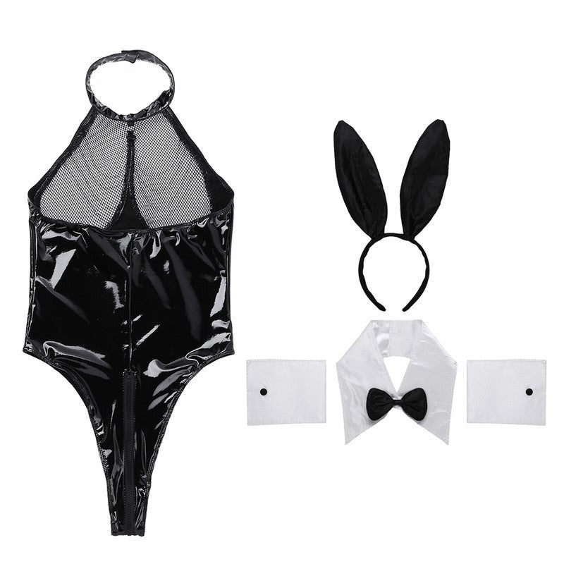 Womens Bunny Girl Club Lingerie Outfit Sexy Bodysuit PVC Leather Cosplay Costume