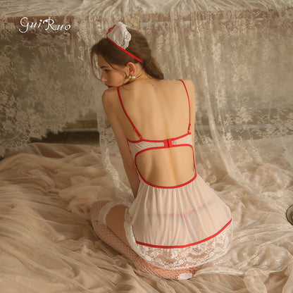 Lingerie Women Sexy Lace Strap Naked Back Sleeping Dress V Pajame Nurse uniform