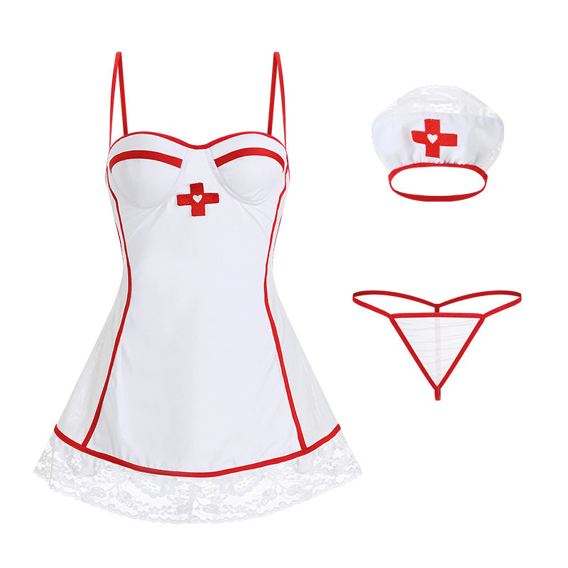Lingerie Women Sexy Lace Strap Naked Back Sleeping Dress V Pajame Nurse uniform