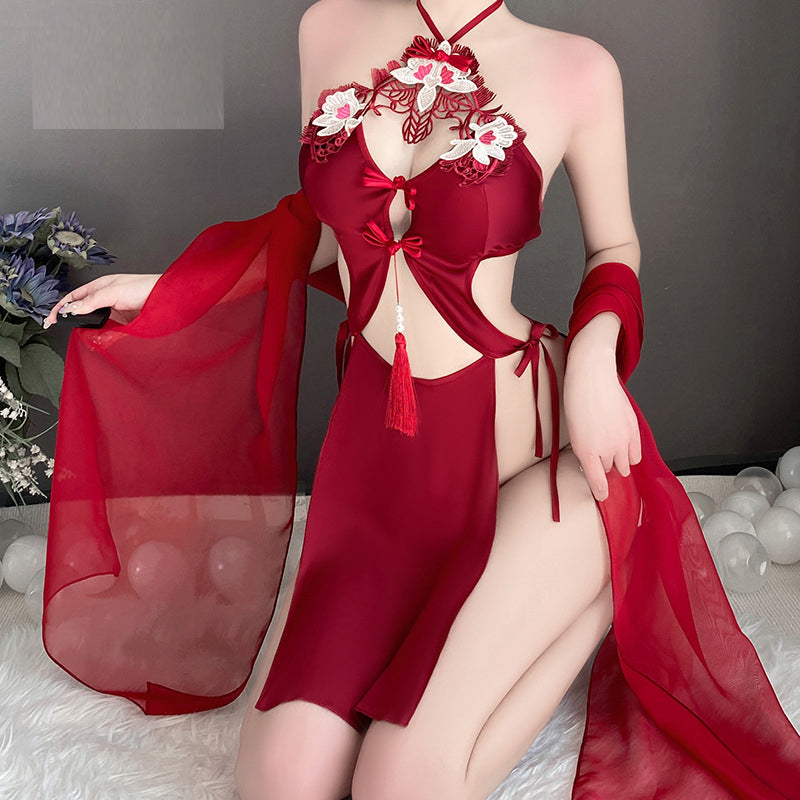 Chinese ancient style hanging neck lace-up sexy underwear embroidery pure desire hollow backless women's uniform suit
