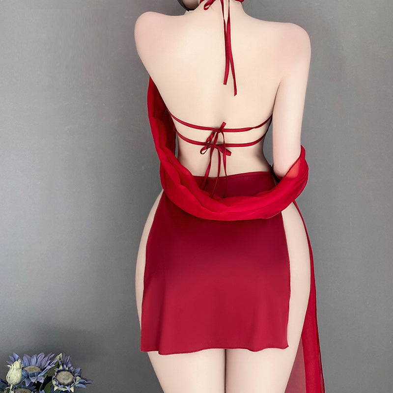 Chinese ancient style hanging neck lace-up sexy underwear embroidery pure desire hollow backless women's uniform suit