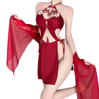 Chinese ancient style hanging neck lace-up sexy underwear embroidery pure desire hollow backless women's uniform suit