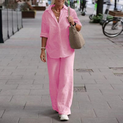 Women's Cotton Linen Polyester Suit Long Sleeve Shirt Loose Pants Set Casual