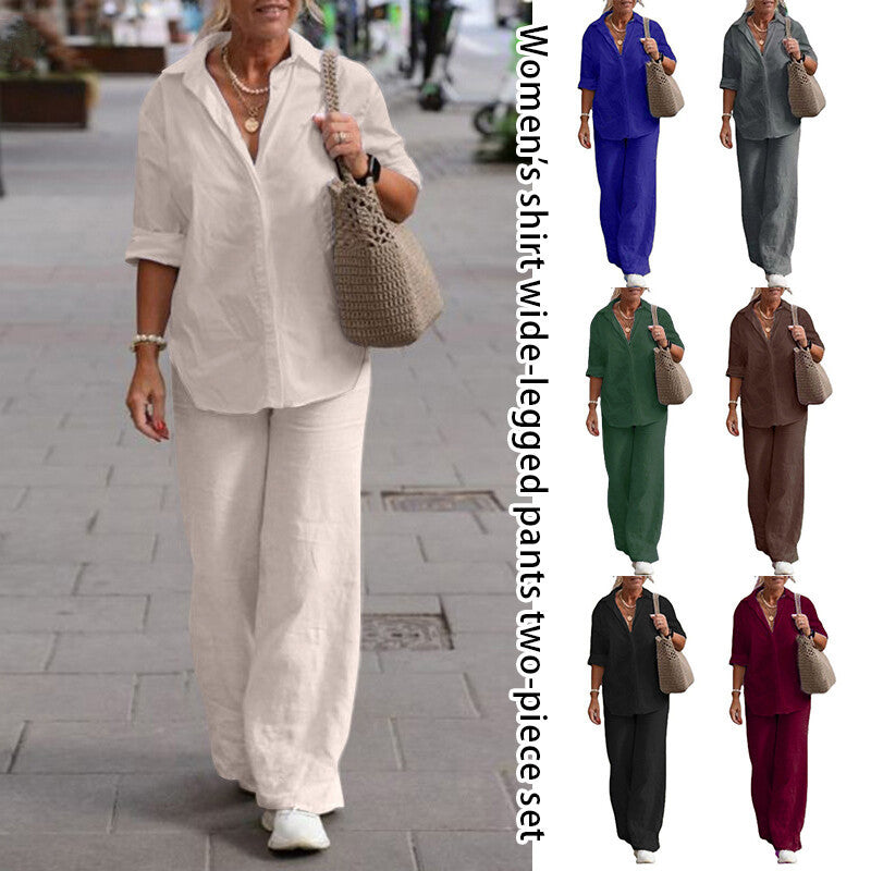 Women's Cotton Linen Polyester Suit Long Sleeve Shirt Loose Pants Set Casual