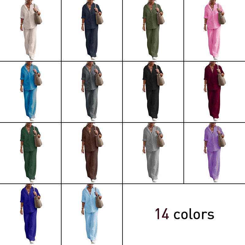 Women's Cotton Linen Polyester Suit Long Sleeve Shirt Loose Pants Set Casual