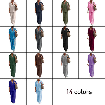 Women's Cotton Linen Polyester Suit Long Sleeve Shirt Loose Pants Set Casual