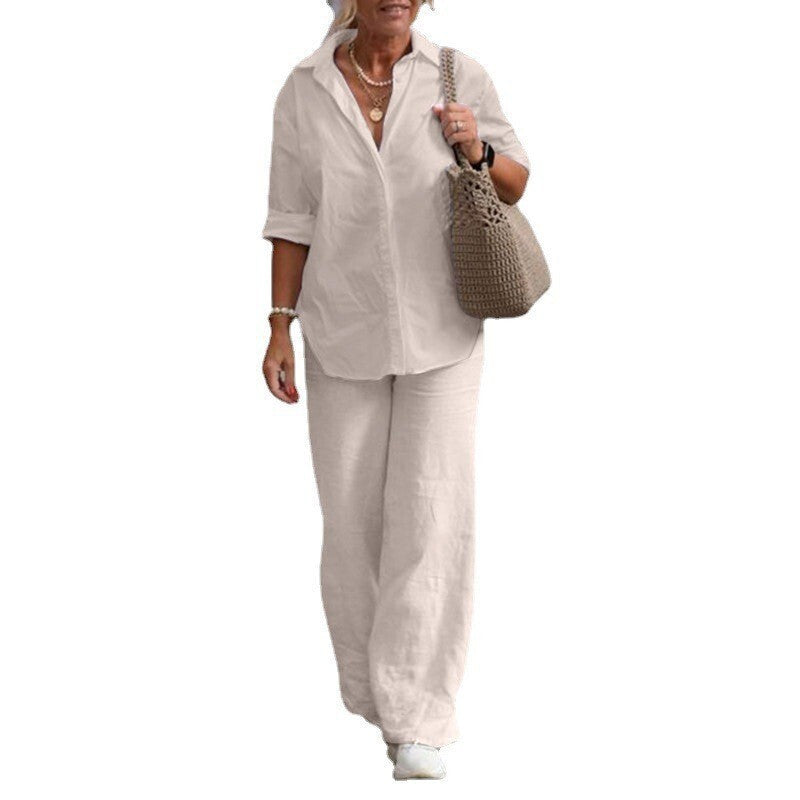 Women's Cotton Linen Polyester Suit Long Sleeve Shirt Loose Pants Set Casual