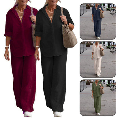 Women's Cotton Linen Polyester Suit Long Sleeve Shirt Loose Pants Set Casual