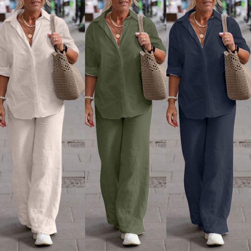 Women's Cotton Linen Polyester Suit Long Sleeve Shirt Loose Pants Set Casual