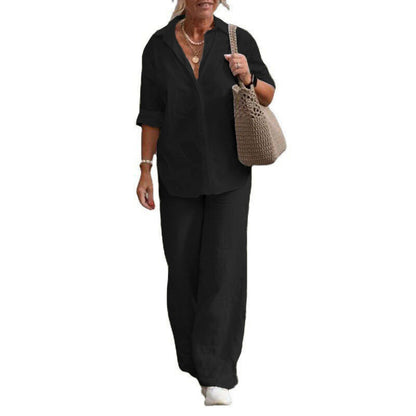 Women's Cotton Linen Polyester Suit Long Sleeve Shirt Loose Pants Set Casual