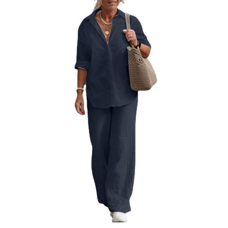 Women's Cotton Linen Polyester Suit Long Sleeve Shirt Loose Pants Set Casual