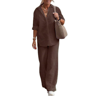 Women's Cotton Linen Polyester Suit Long Sleeve Shirt Loose Pants Set Casual