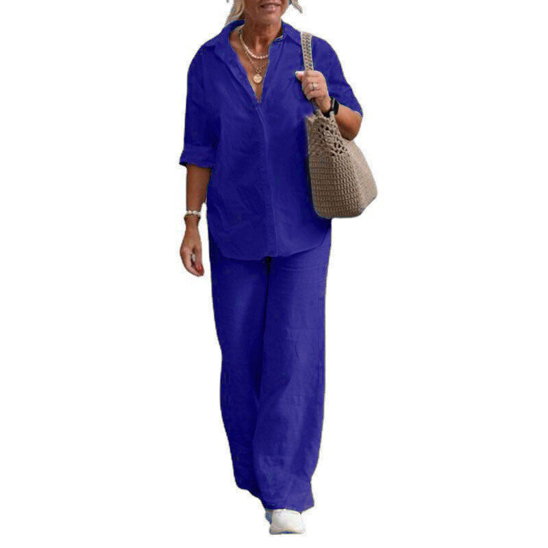 Women's Cotton Linen Polyester Suit Long Sleeve Shirt Loose Pants Set Casual