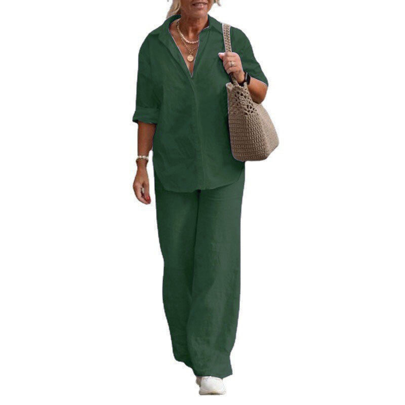 Women's Cotton Linen Polyester Suit Long Sleeve Shirt Loose Pants Set Casual