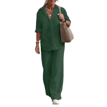Women's Cotton Linen Polyester Suit Long Sleeve Shirt Loose Pants Set Casual