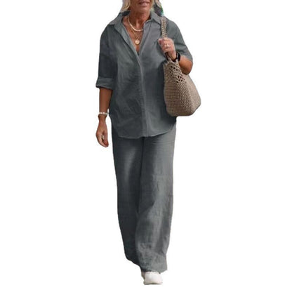 Women's Cotton Linen Polyester Suit Long Sleeve Shirt Loose Pants Set Casual