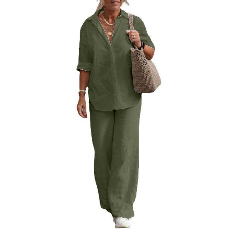 Women's Cotton Linen Polyester Suit Long Sleeve Shirt Loose Pants Set Casual