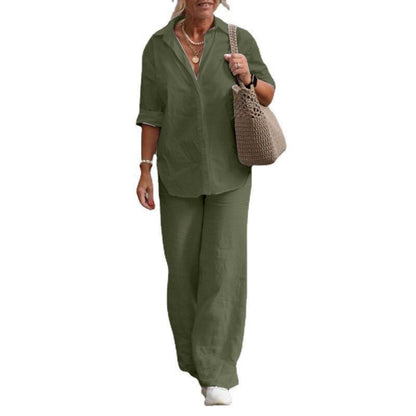 Women's Cotton Linen Polyester Suit Long Sleeve Shirt Loose Pants Set Casual