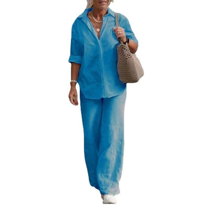 Women's Cotton Linen Polyester Suit Long Sleeve Shirt Loose Pants Set Casual