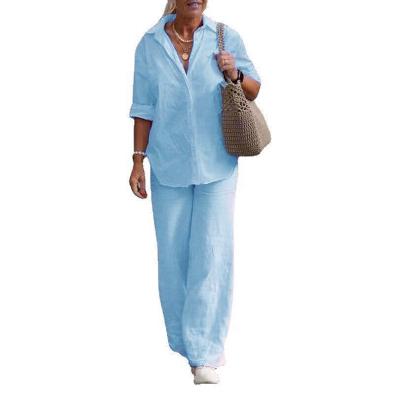 Women's Cotton Linen Polyester Suit Long Sleeve Shirt Loose Pants Set Casual