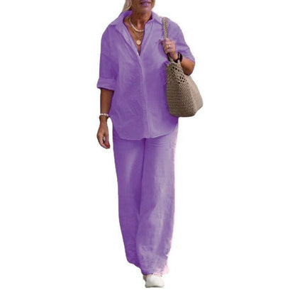 Women's Cotton Linen Polyester Suit Long Sleeve Shirt Loose Pants Set Casual