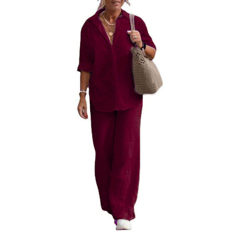 Women's Cotton Linen Polyester Suit Long Sleeve Shirt Loose Pants Set Casual
