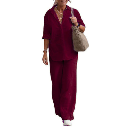 Women's Cotton Linen Polyester Suit Long Sleeve Shirt Loose Pants Set Casual
